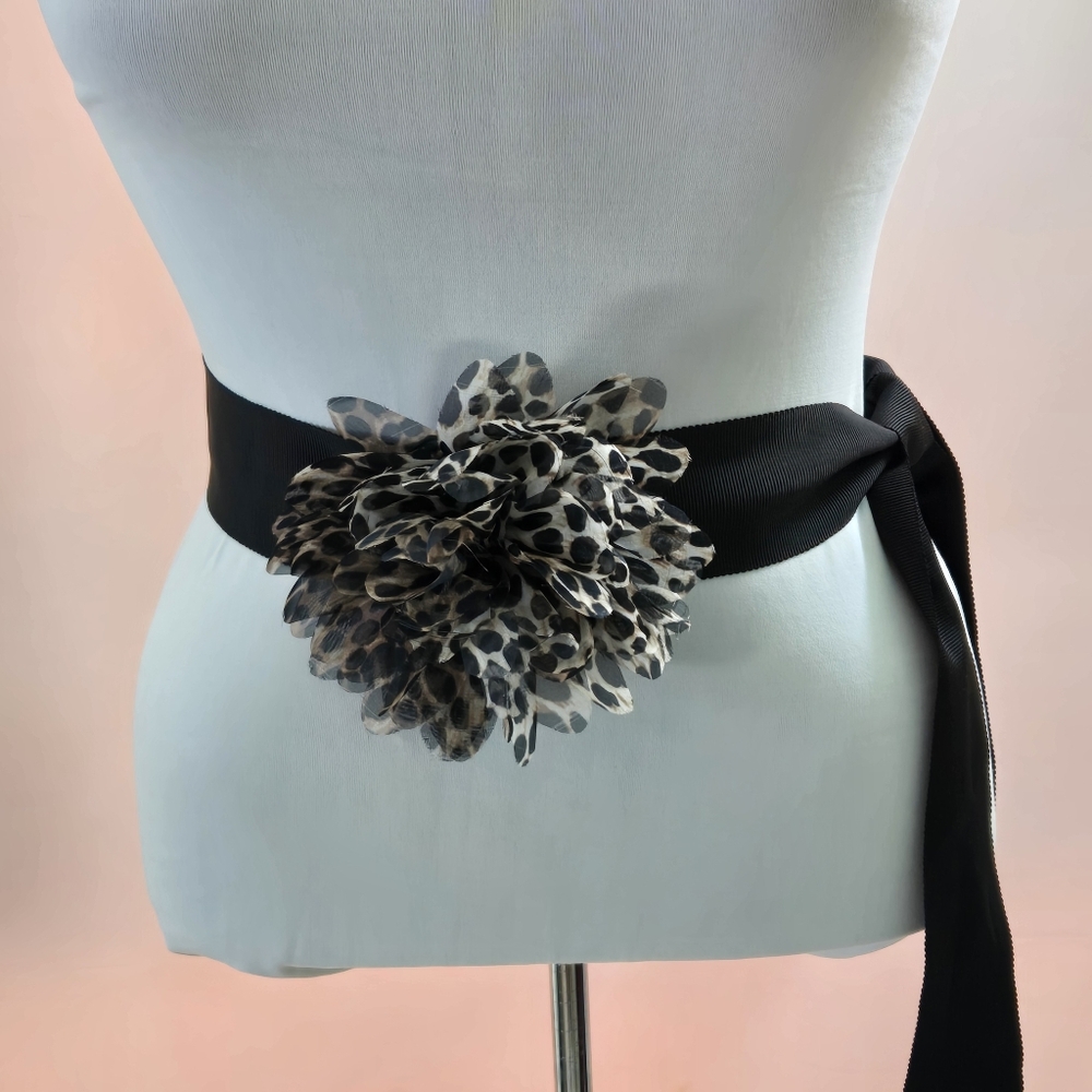 White House Black Market Sash Belt with Animal Print Flower Rosette - Picture 4 of 6